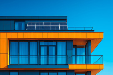 Solar panels installed on the roof of a modern business building under a clear sky
