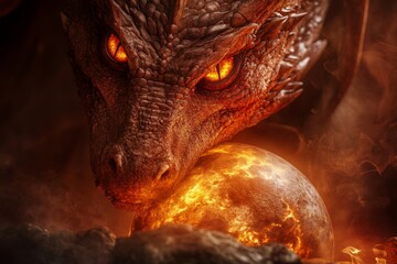 Obraz premium A symbolic image of a dragon encircling a burning globe, its eyes glowing with wisdom and ferocity