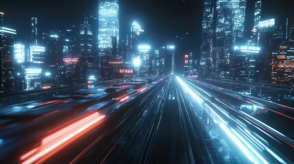 Naklejka premium Futuristic city highway at night with neon lights