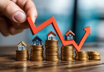 Hand Holding Red Arrow Pointing Upward Above Stacked Coins and Miniature Houses Representing Real Estate Market Growth and Financial Investment Success