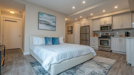 Fototapeta premium Modern studio apartment with queen bed, kitchen, and calming decor