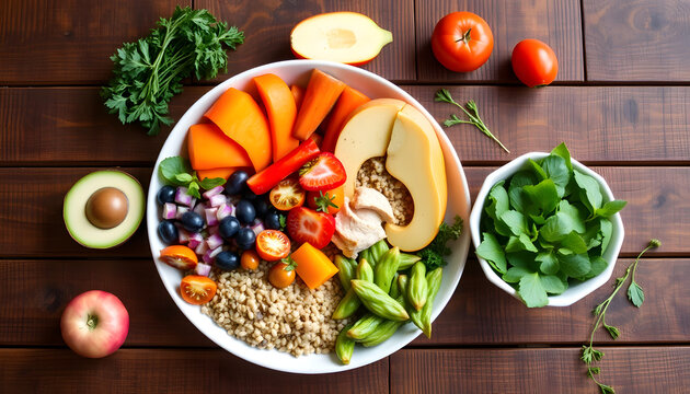 Overhead view of vibrant healthy salad bowl for mindful eating campaigns