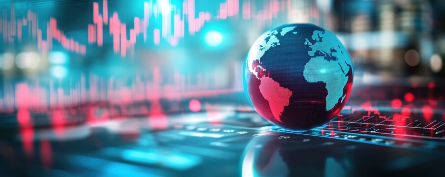 a globe with financial charts in the background, representing global economic trends Web banner with copy space Generative AI