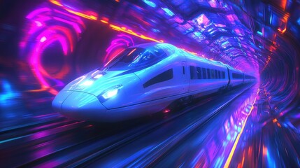 Fototapeta premium Futuristic train zipping through neon tunnel