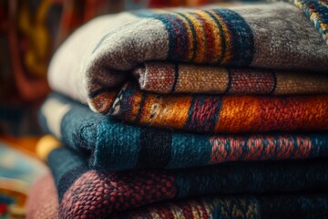 Fototapeta premium Folded, Textured Wool Blanket Stack in Warm Colors with Detailed Weave Pattern and Intricate Designs