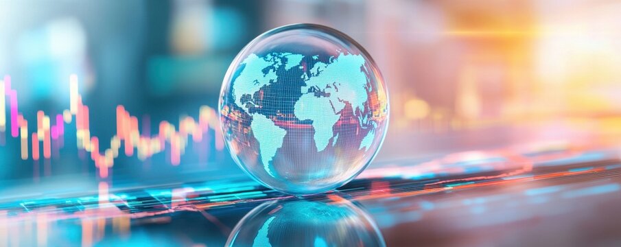 A glass globe with the world inside, on top of a stock market graph line against a light blue background Generative AI