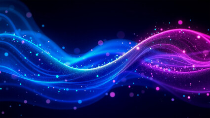 Interwoven waves of glowing blue and pink particles on a dark magical background