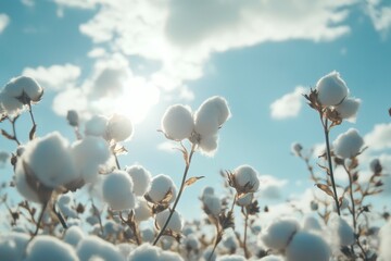 Cotton Field Against a Sunny Blue Sky with Clouds, Agricultural Harvest Ready for Picking, Rural Farm Scene