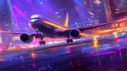 Fototapeta premium Neon Plane Landing Cityscape