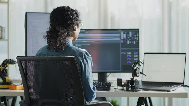 Celebrate a confident woman coder engaged in programming, representing modern work ethics and technology.