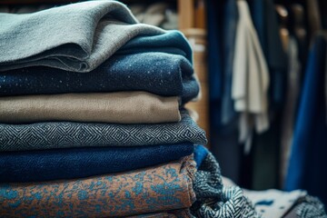 Folded textured fabrics create a stack of layered material featuring blue, gray, brown, and patterned textiles close up.