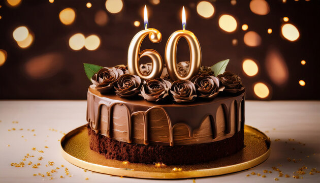 A chocolate birthday cake, adorned with rose-shaped cream decorations and a dripping chocolate glaze, sits against a bokeh light background with the number 60 candles glowing on top	 - Powered by Adobe
