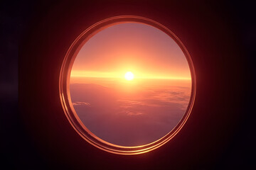 Obraz premium Sunrise Through Spaceship Window, Stunning Planet View, Space Station Porthole, Astronomy Background