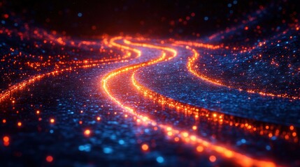 Obraz premium Abstract Cosmic River of Light: A mesmerizing digital artwork depicting glowing, winding paths on a dark, glittering surface, evoking feelings of wonder and cosmic energy.
