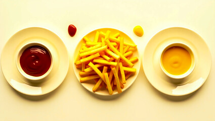 Crispy French Fries Served with Classic Cheese and Ketchup Dips for Gourmet Snacking Delight