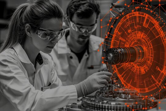 Scientists collaborating on mechanical engineering project in lab with digital overlay and gears at work