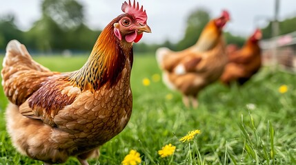 Fototapeta premium A Stunning Rhode Island Red Hen in a Lush Green Pasture