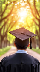 Graduate wearing graduation gown and cap walking on a tree-lined street towards the sunlight