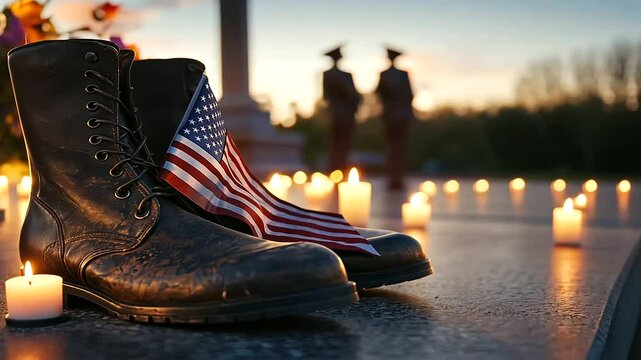A solemn tribute to veterans featuring boots and a flag at a memorial ceremony.
