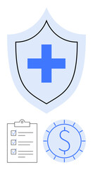 Obraz premium Shield with cross symbol for healthcare safety, checklist for task completion, and coin for financial security. Ideal for insurance, health care, finance, planning, trust, protection flat simple