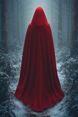 Mysterious figure in red cloak stands alone in a foggy winter forest at twilight