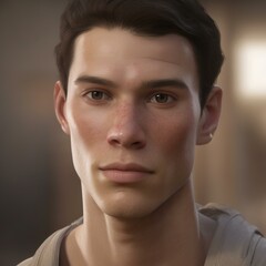 Obraz premium A highly detailed, hyper-realistic close-up portrait of an AI-generated human face. This digital artwork features lifelike skin textures, expressive eyes, and natural lighting.