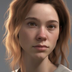 Fototapeta premium A highly detailed, hyper-realistic close-up portrait of an AI-generated human face. This digital artwork features lifelike skin textures, expressive eyes, and natural lighting.