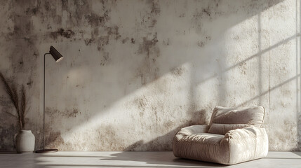 Sunlit Modern Living Room with Textured Wall and Plush Armchair