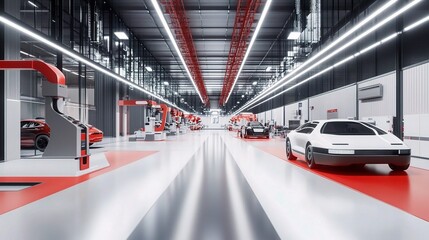 Obraz premium Advanced Robotic Arms Assembling Cars in Modern Factory Environment