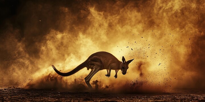 Kangaroos tail thumping the ground as it warns others of a nearby predator dust rising from the impact intense body language captured in dramatic lighting fast shutter ensuring crisp details
