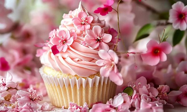 Delicate pink cupcake adorned with cherry blossom flowers