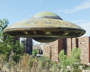 Flying Saucer Over Urban Park, City Background