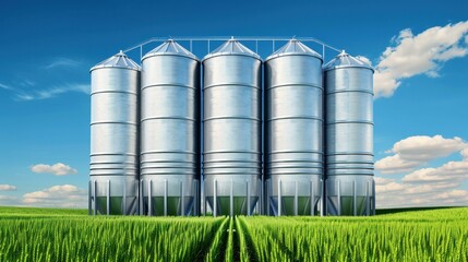 Silos stand tall in a golden wheat field, showcasing efficient agricultural storage solutions for grain producers.
