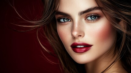 Fototapeta premium A woman with freckles and flowing brown hair