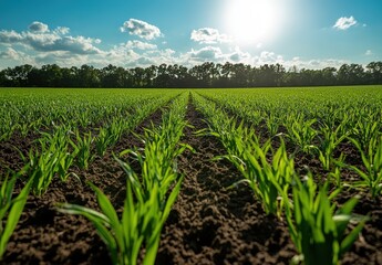Lush Green Crop Field Under Bright Sunlight with Fluffy Clouds and Clear Blue Sky Displaying Nature's Bounty and Agricultural Abundance