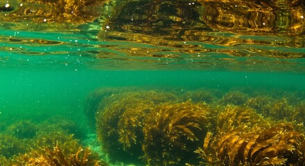 Vibrant underwater kelp forest glows emerald green bathed in sunlight. AI Generated