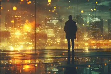 Man stands alone, gazing out at a vibrant city skyline illuminated by lights and reflections during twilight