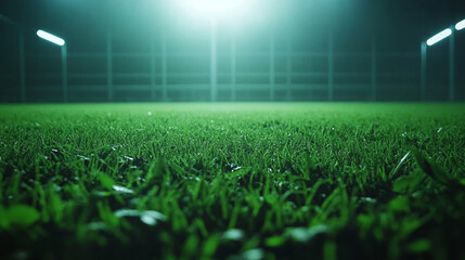 Cinematic football stadium view with lush green grass, dramatic lighting, and dynamic sports atmosphere.

