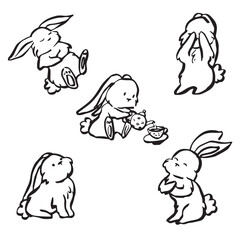 Hare black linear sketch isolated on white background. Cute bunny rabbit in continuous linear drawing style. Rabbits for Easter. Vector illustration.