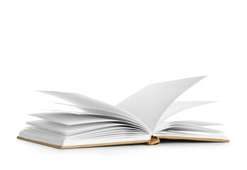 Flying open book on white background