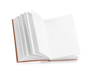 Flying open book with blank pages on white background