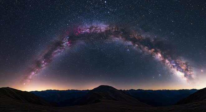 Panoramic view of the Milky Way arching over a mountain range at night with a clear sky.