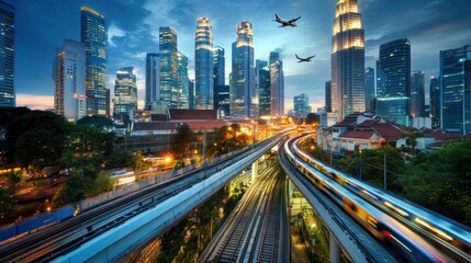 Fototapeta premium City Skyline, Trains, Sunset, Planes
