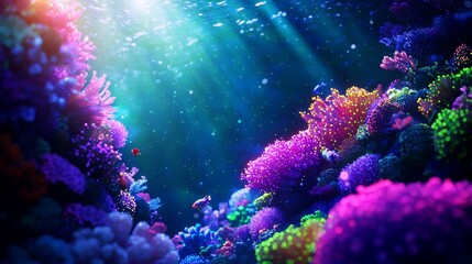 Fototapeta premium Pufferfish in a high-tech coral reef, with bioluminescent coral glowing neon green and purple, futuristic underwater style, 3D-rendered illustration