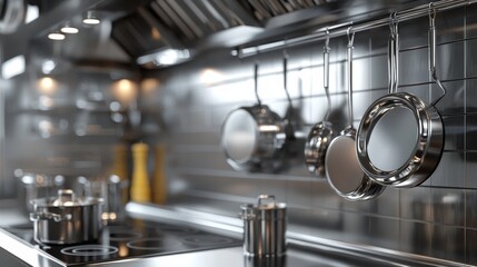 A sleek, professional stainless steel kitchen, dynamic close-up view, hanging pots with reflective surfaces, vibrant lighting, ultra-realistic, 3D render