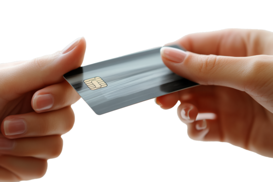 PNG cut out isolated background. A close-up image of two hands exchanging a sleek, modern credit card.