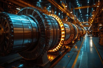 Fototapeta premium Industrial manufacturing facility showcases large turbine engines illuminated by ambient lighting at night