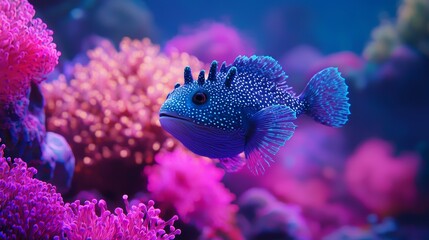 Obraz premium Spotted pufferfish gliding through holographic coral, each coral pulsating in different neon hues, futuristic underwater setting, cinematic light effects