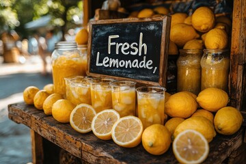 Bright and inviting lemonade stand showcasing fresh ingredients and refreshing drinks during a sunny outdoor market