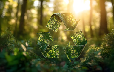 green recycling symbol on blurred forest background, sunlight